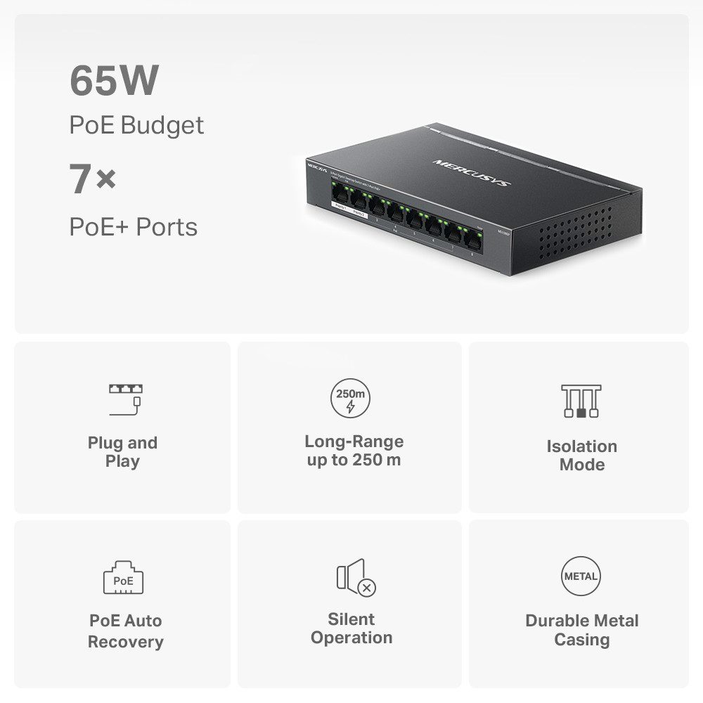 TP-Link Mercusys MS108GP 8 Port 10/100/1000 7 PORT 65W PoE Yönetilemez Switch