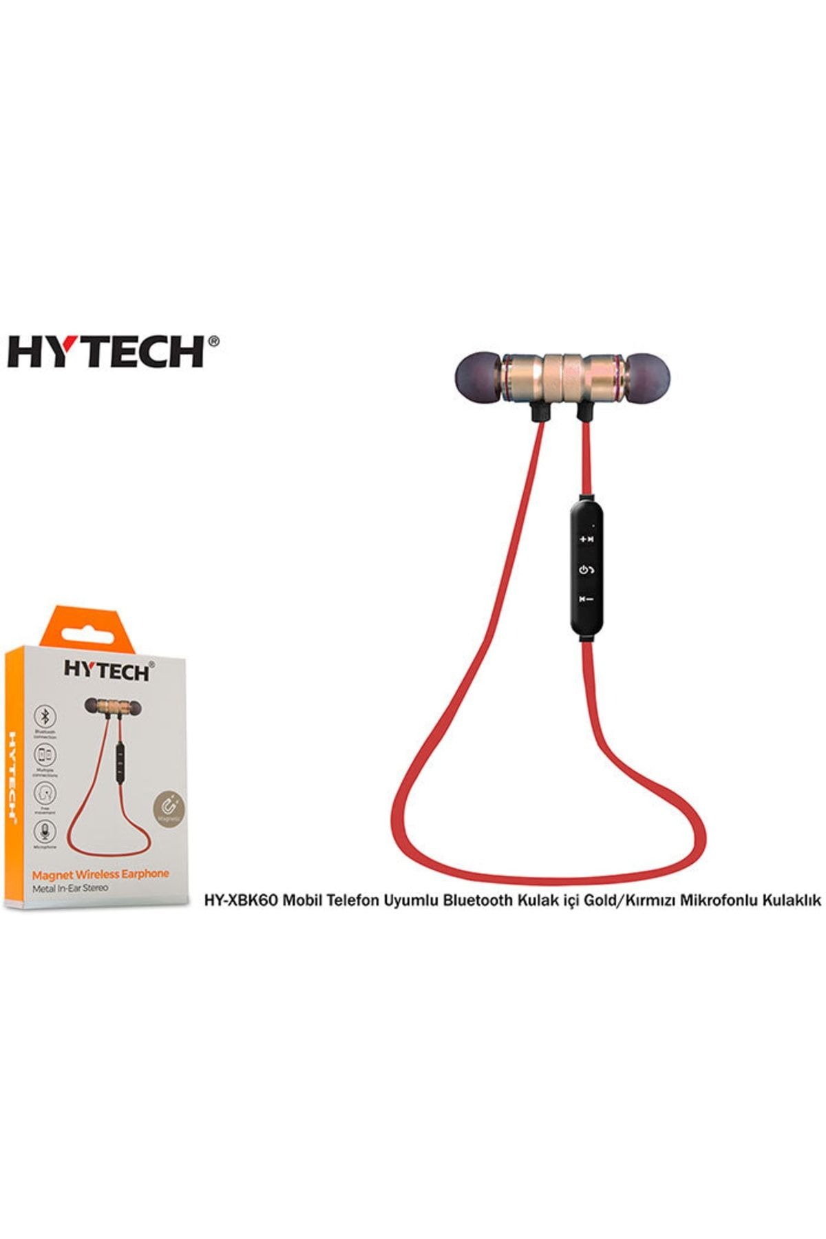 Hytech HY-XBK60 GOLD-KIRMIZI MOBIL TELEFON UYUMLU BLUETOOTH KULAK IÇI MIKROFONLU KULAKLIK .