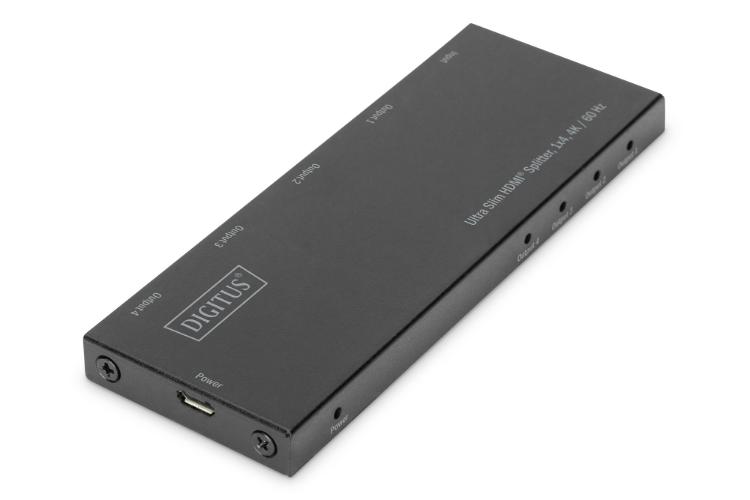 Digitus DS-45323 VPR 1-0 Ultra Slim Çoklayıcı, 1x4, 4K/60Hz, HDR, HDCP 2.2, 18 Gbps 40 metre, altın kaplama